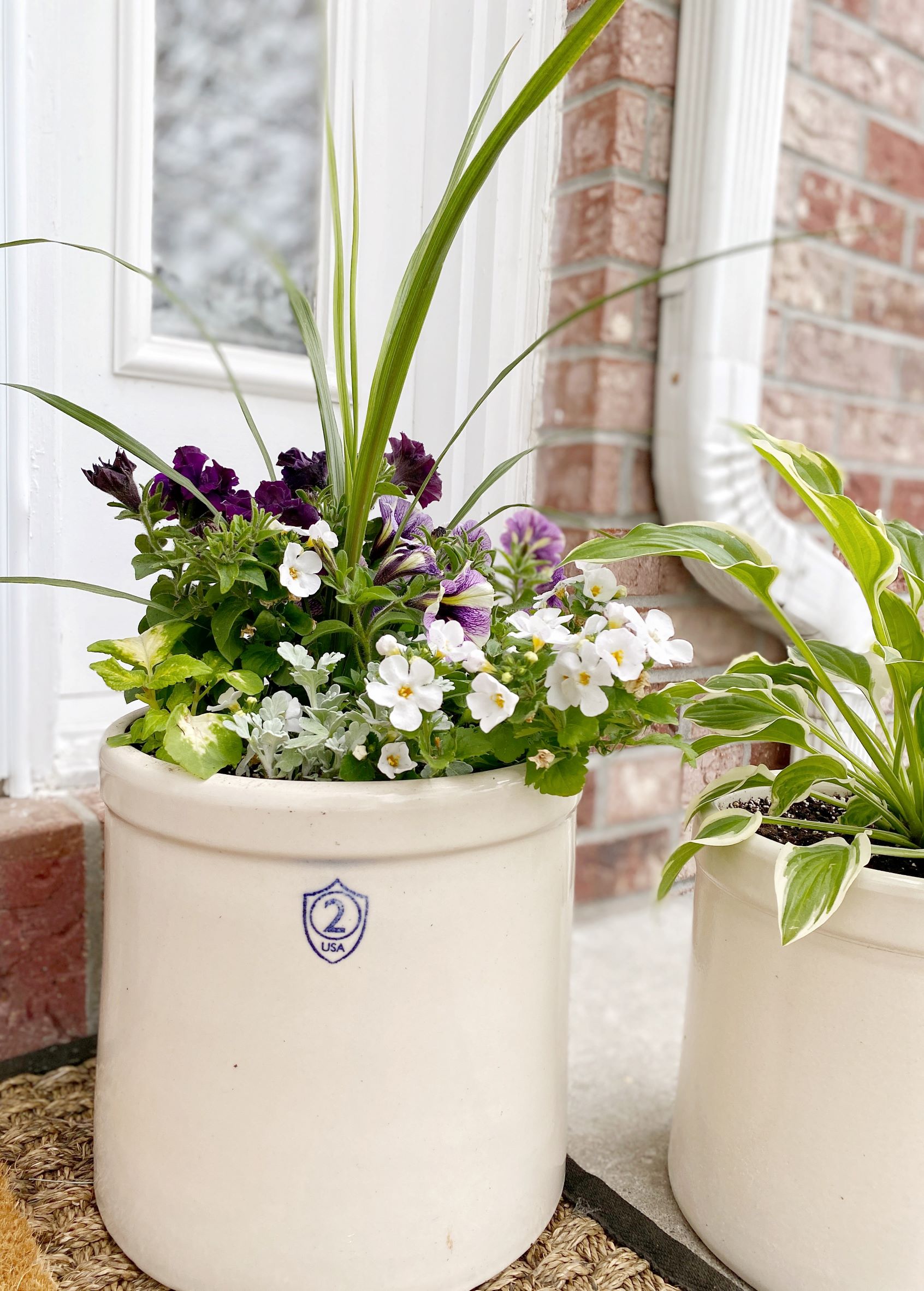 Purple and White Annual Flowers in Crocks - Midwest Life and Style Blog