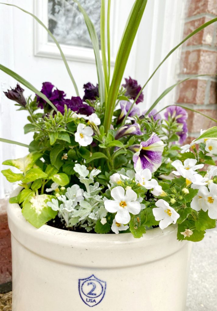 White and purple summer flowes in crock - Midwest LIfe and Style Blog