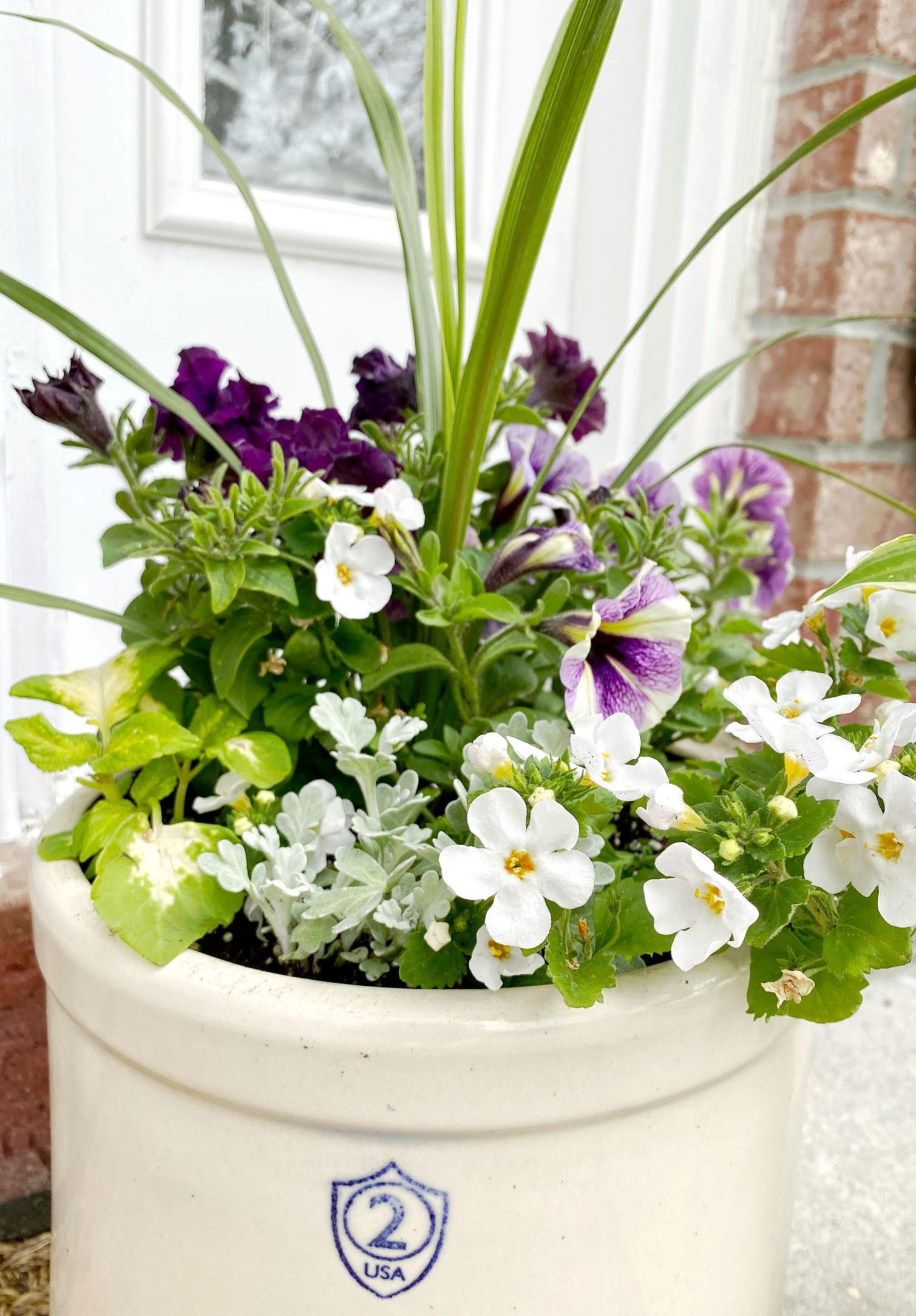 Purple and White Annual Flowers in Crocks - Midwest Life and Style Blog