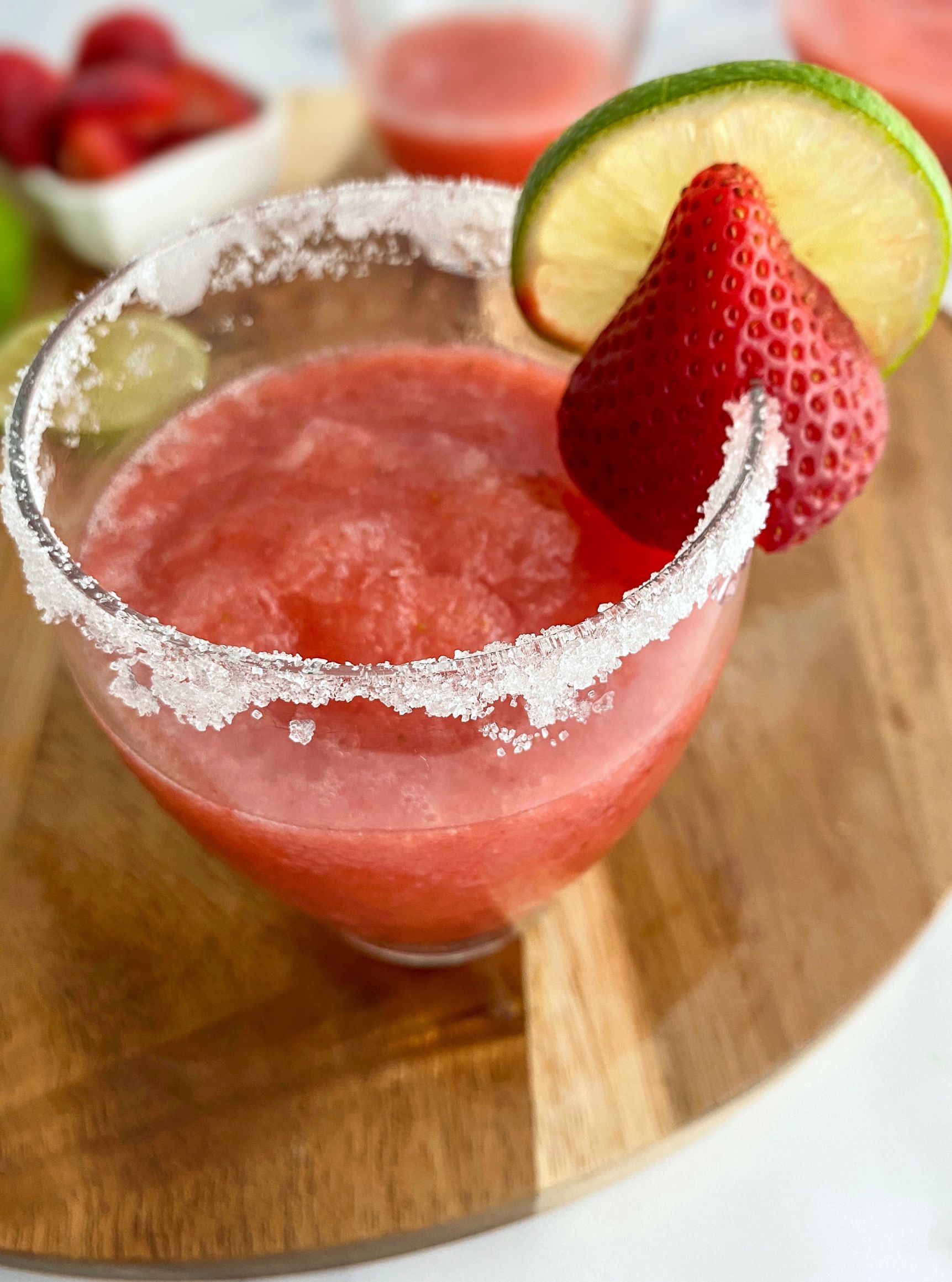 Double Berry Blended Daiquiri with Sugared Rim and Stawberry and Lime Garnish