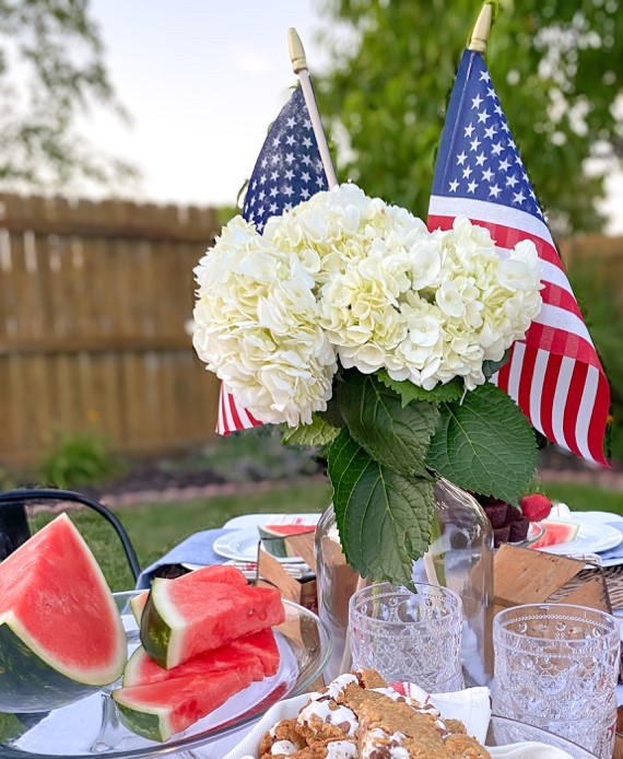 Red White and Blue Summer BBQ for Memorial Day set up in the Backyard