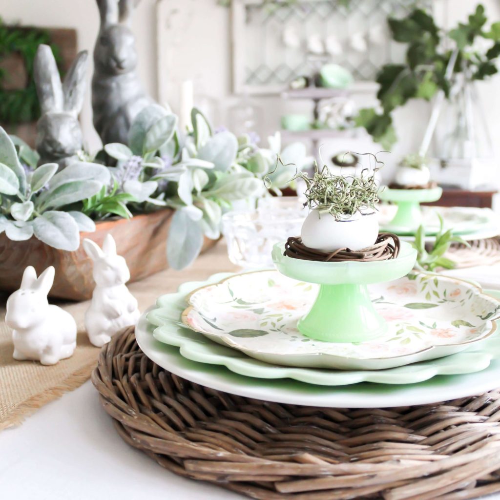 Easter Tablescape with Jadeite and Bunnies