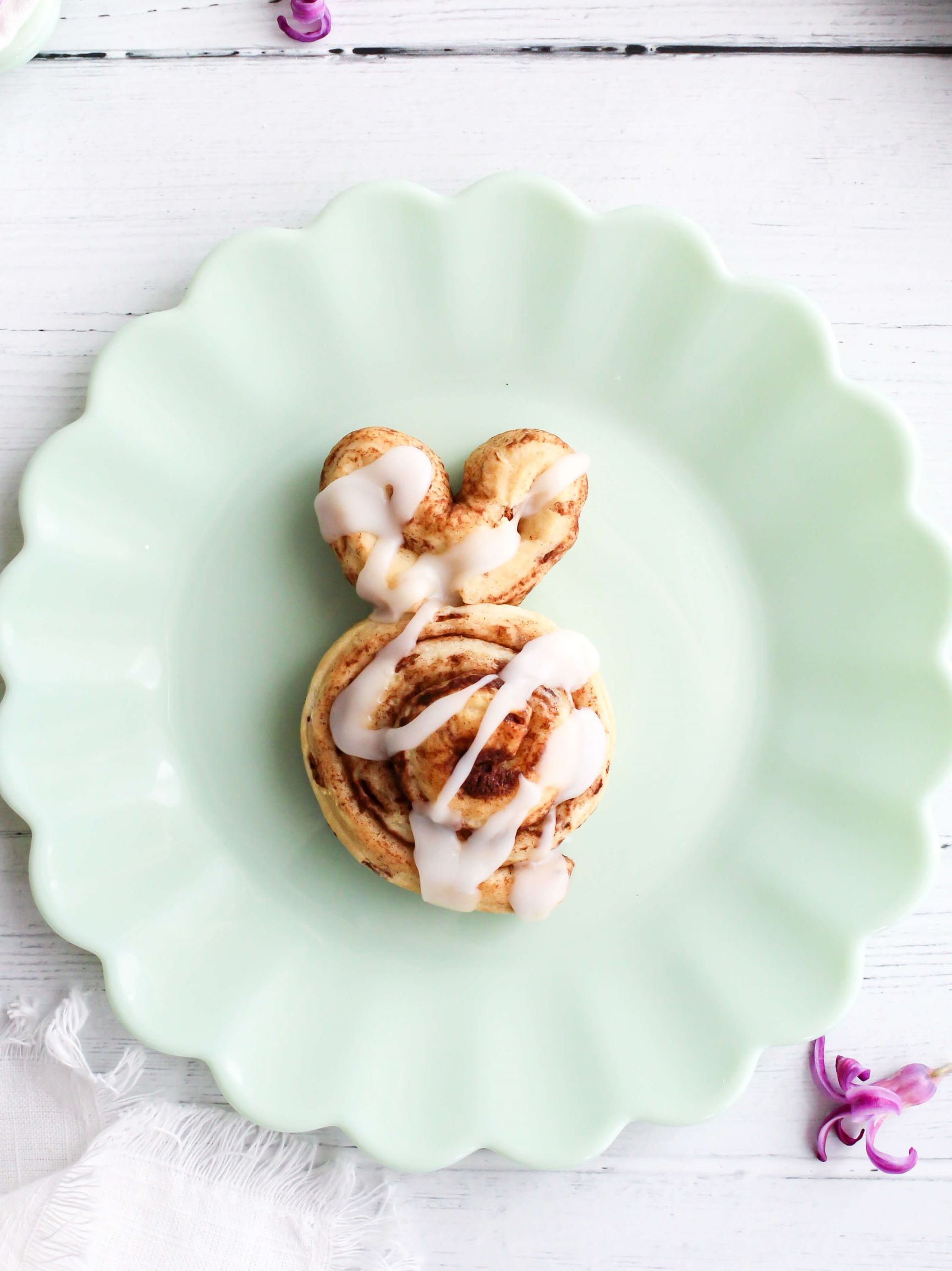 Easter Bunny Cinnamon Rolls on a Jadeite Plate 