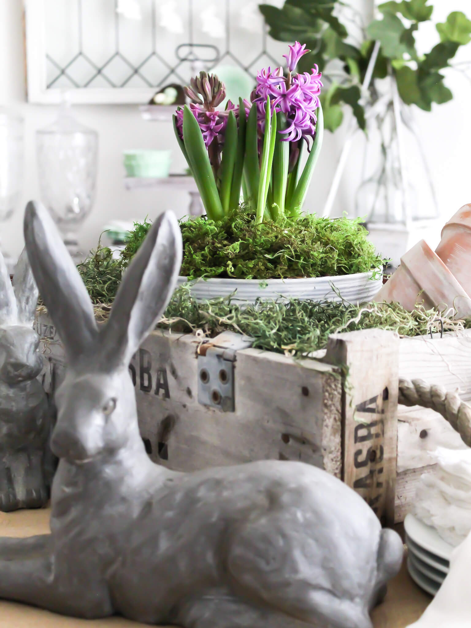 Aged terra cotta pots sitting in an old wooden crate on a dining room table during Eastesr. The larger pot is filled with moss and a purple hyacinth. Stone bunnies are in the foreground sitting on the table.