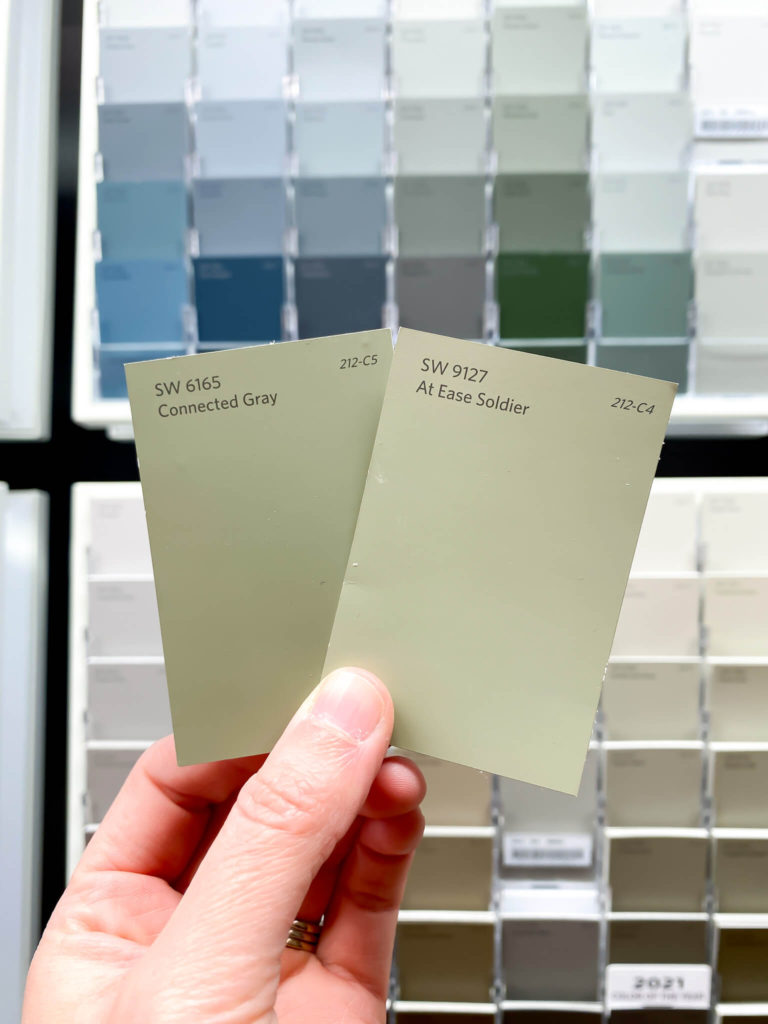 Sherwin Williams Paint Sample Cards - Connected Gray and At Ease Soldier - Midwest Life and Style Blog