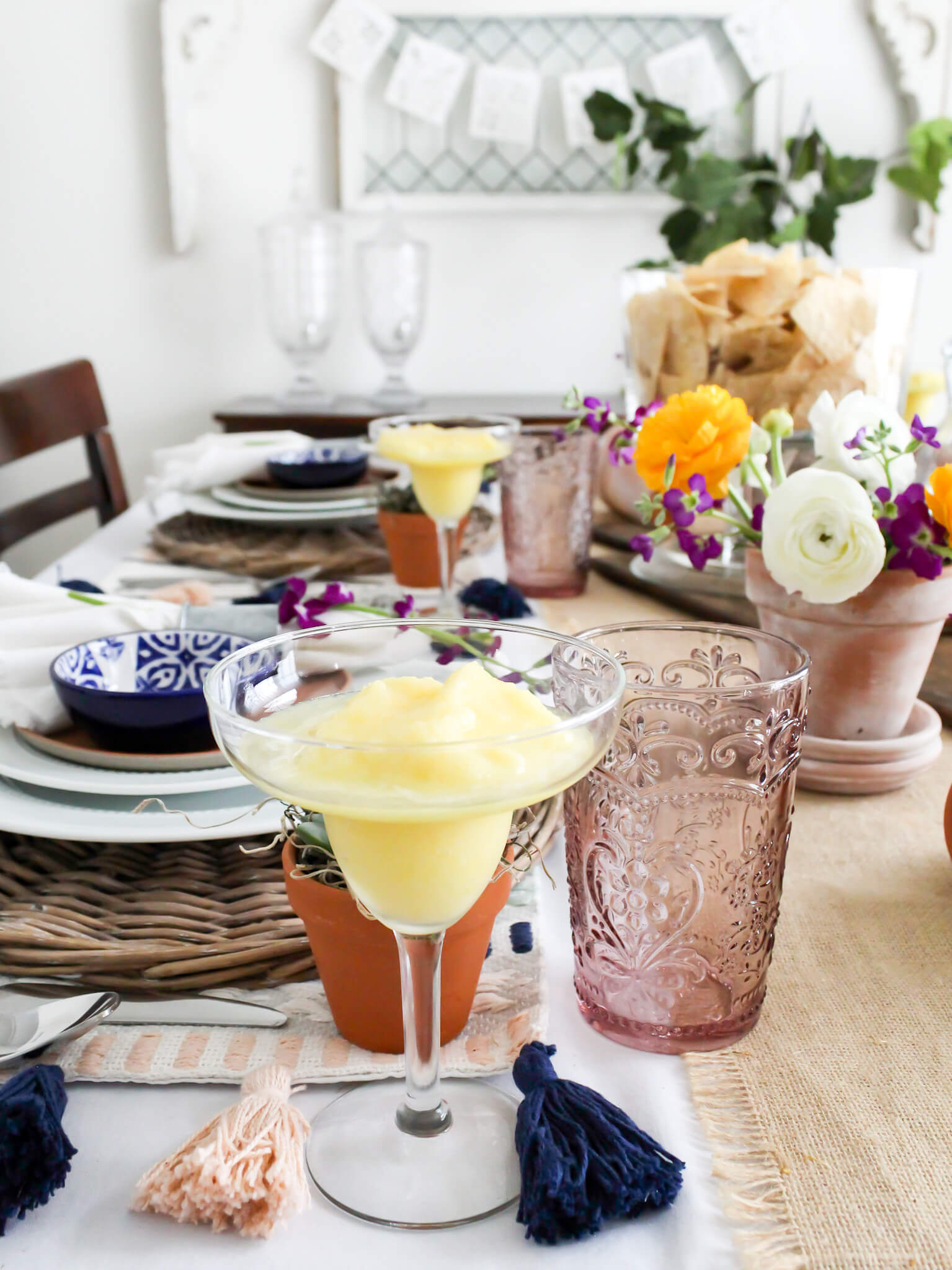 Frozen Pineapple Margarita  set on a table styled for a Cindo de Mayo party