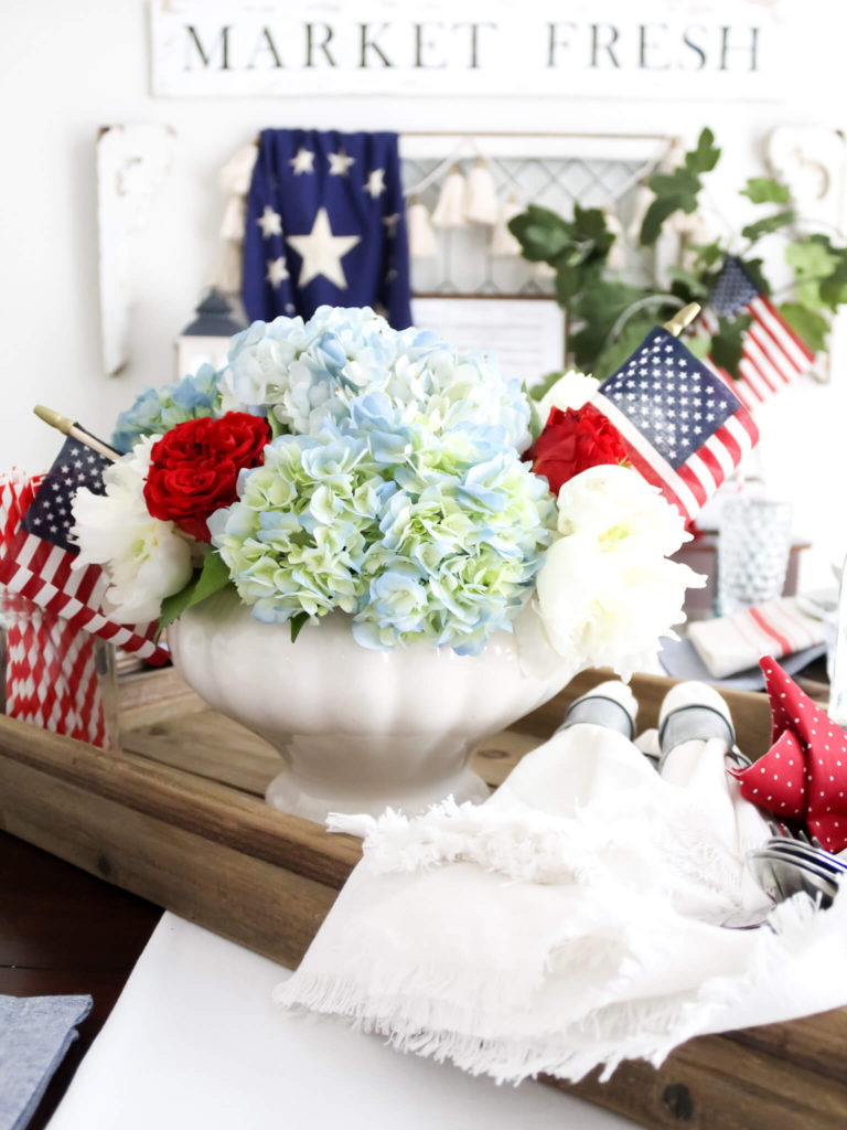 4th of July Tablescape with Floral Centerpiece with Blue Hydrangeas and Red Ranculus in Vintage Tureen - Midwest Life and Style Blog