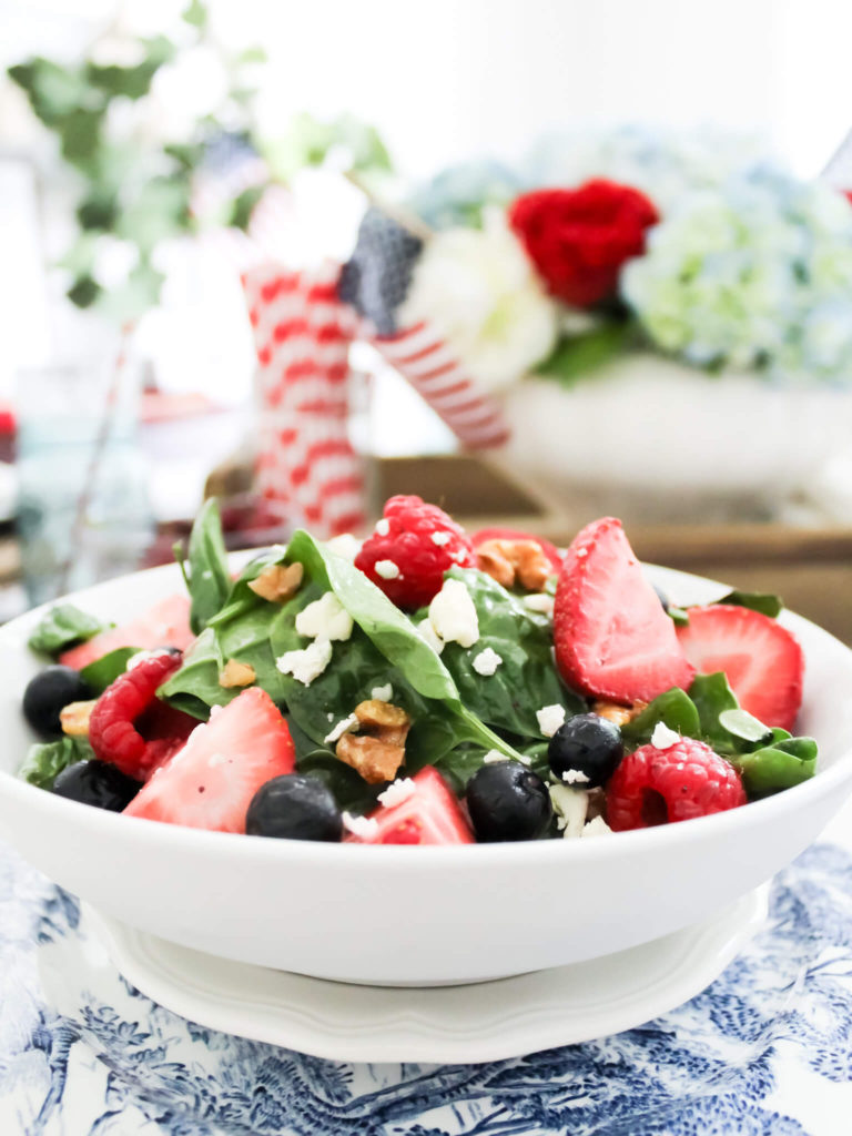 Summer berry spinach salad with almonds and poppy seed dressing