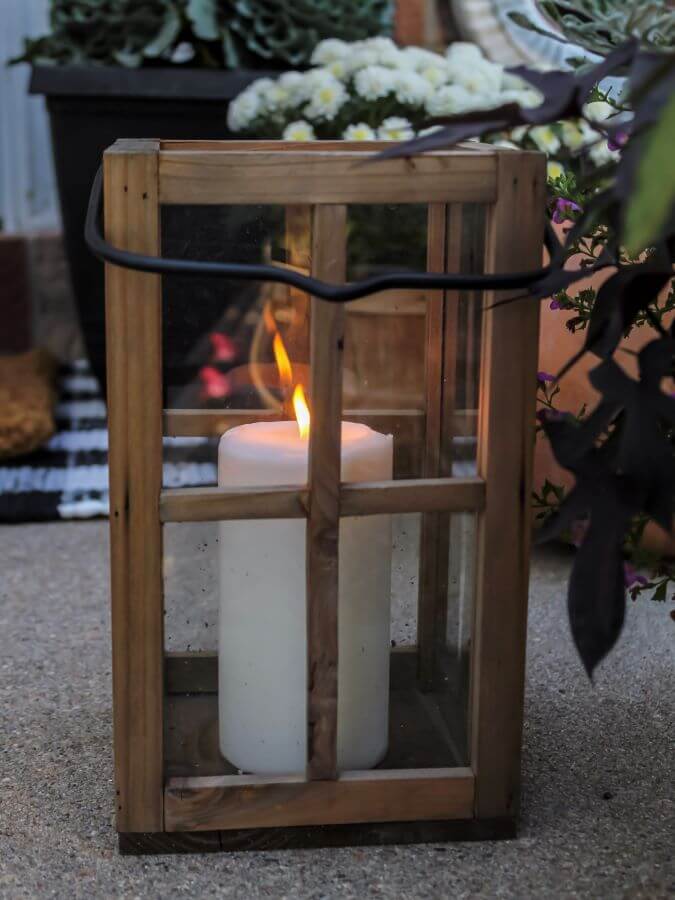 Wood Lantern on Fall Porch with Mums and Pumpkins - Midwest Life and Style Blog