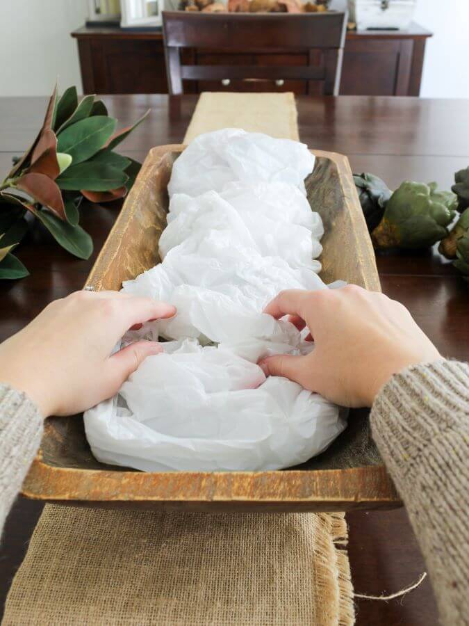 Building the Base of the Centerpiece using Plastic Bags to Fill the Dough Bowl - Midwest Life and Style Blog