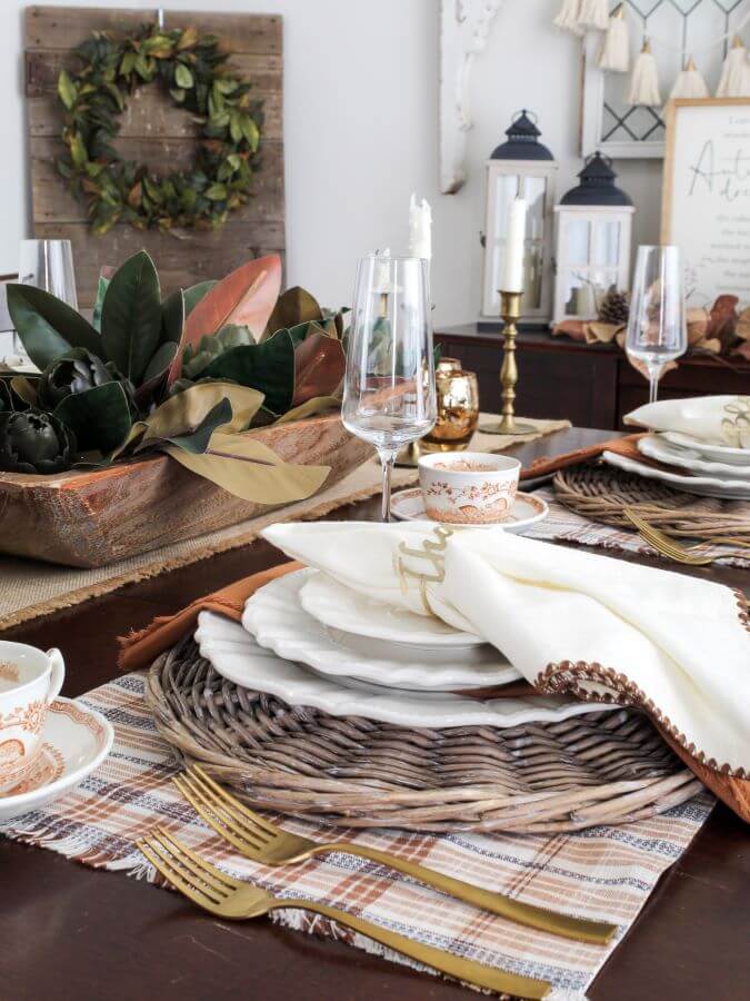 Thanksgiving Table Setting with Rattan Charger, Plaid Placemats, White Dishes, Vintage China, and Gold Silverware - Midwest Life and Style Blog