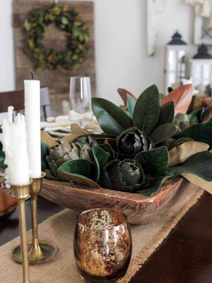 Artichoke and Magnolia Fall Centerpiece in Dough Bowl with Brass Candle Sticks - Midwest Life and Style Blog