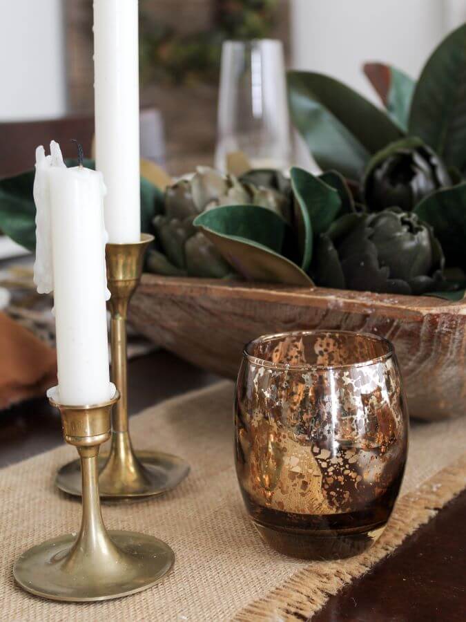 Thanskgiving Centerpiece with Magnolia Leaves and Artichokes - Midwest Life and Style Blog