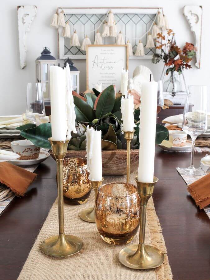 Vintage Brass Candlesticks and Amber votives for Thanskgiving Centerpiece - Midwest Life and Style Blog