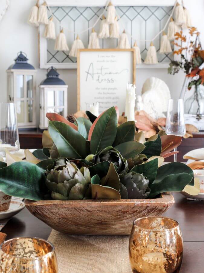 Magnolia and Artihcoke Thanksgiving Centerpiece - Midwest Life and Style Blog