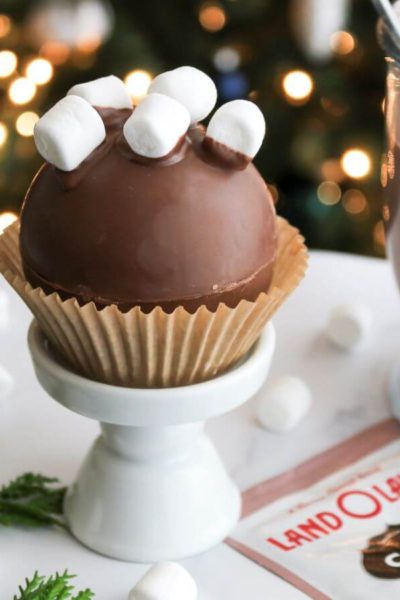 DIY hot cocoa bomb with marshmalllows on top