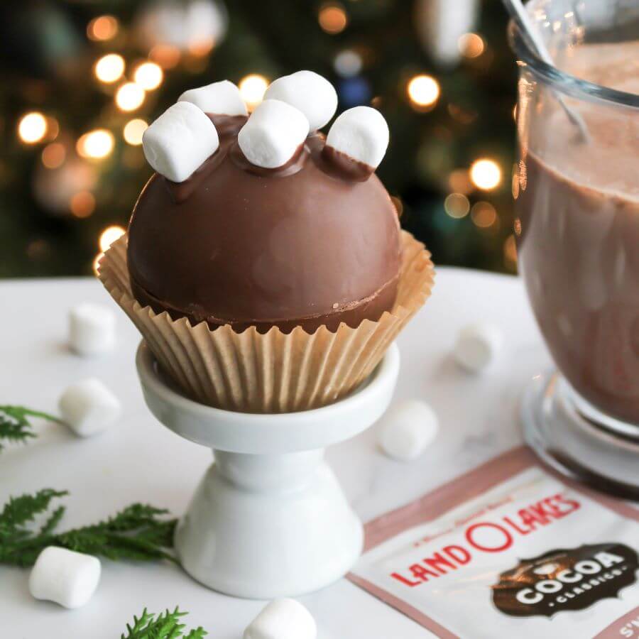 DIY hot cocoa bomb with marshmalllows on top