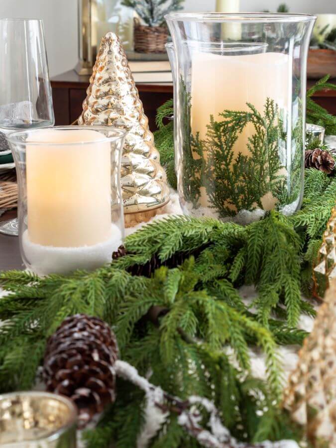 Simple and Festive Christmas Centerpiece Ideas - Hurricane Candle Holder with Epsom Salt and Christmas Greenery