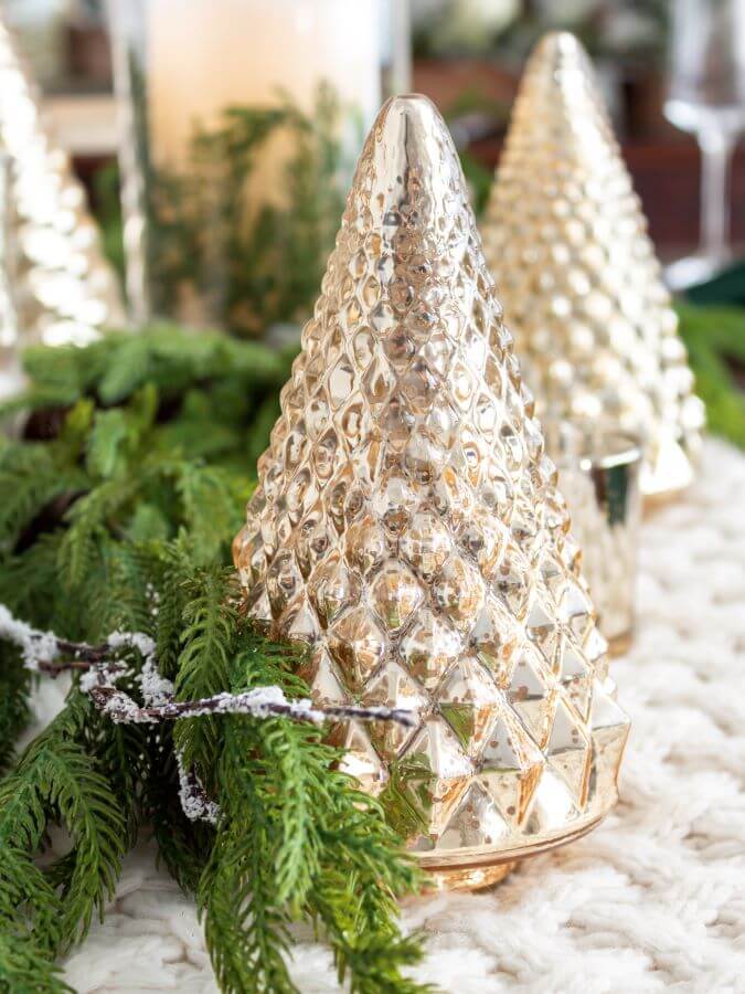 Mercury Glass Christmas Trees on Winter Wonderland Tablescape