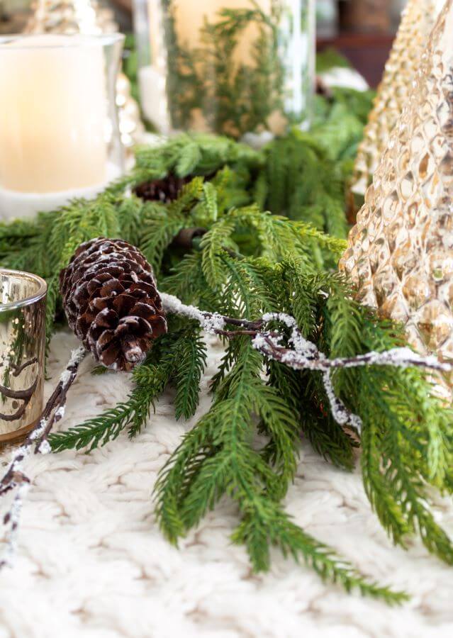 Garland and Frosted Twigs witwh Mercury Glass Trees on Winter Wonderland Tablescape