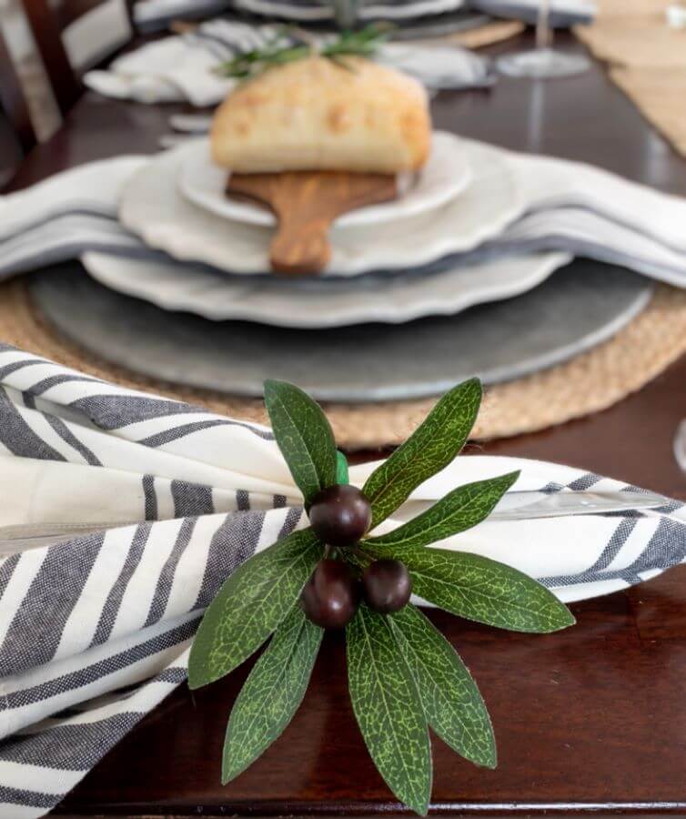 Black and white striped cotton napkin with olive leave napkin ring - Midwest Life and Style Blog