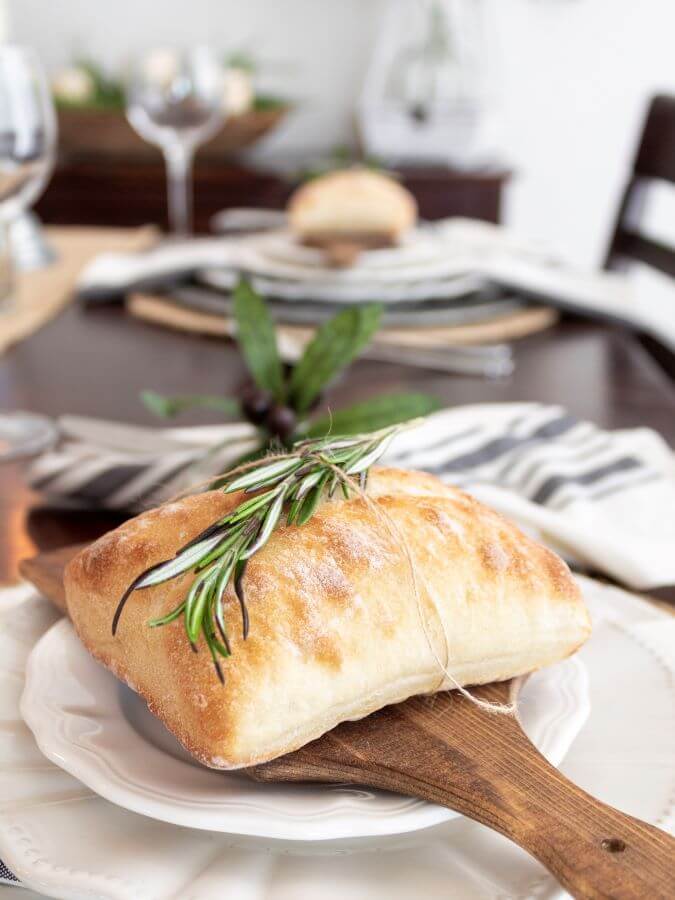 Ciabatta bread tied with twin and rosemary on mini bread boards - Midwest Life and Style Blog