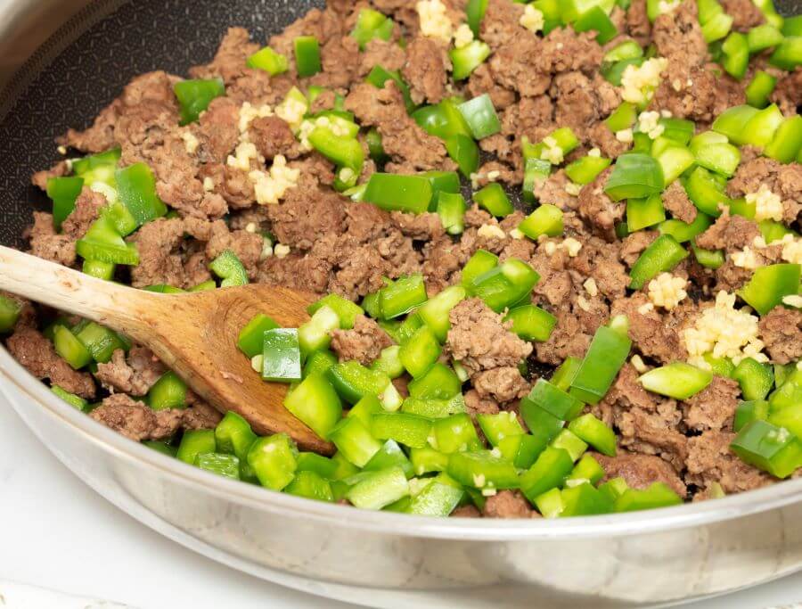 Preparing the meat and vegetables for skillet lasagna - Midwest Life and Style Blog