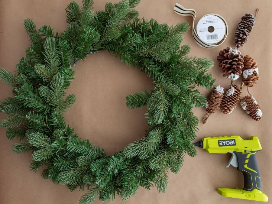 Wreath supplies for winter DIY with pinecones and old Chrsitmas Wreath - Midwest Life and Style Blog