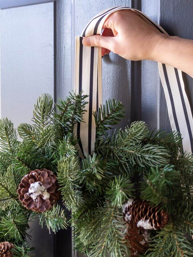 Making a loop for the Wreath with Black and White Ticking Stripe Ribbon - Midwest Life and Style Blog