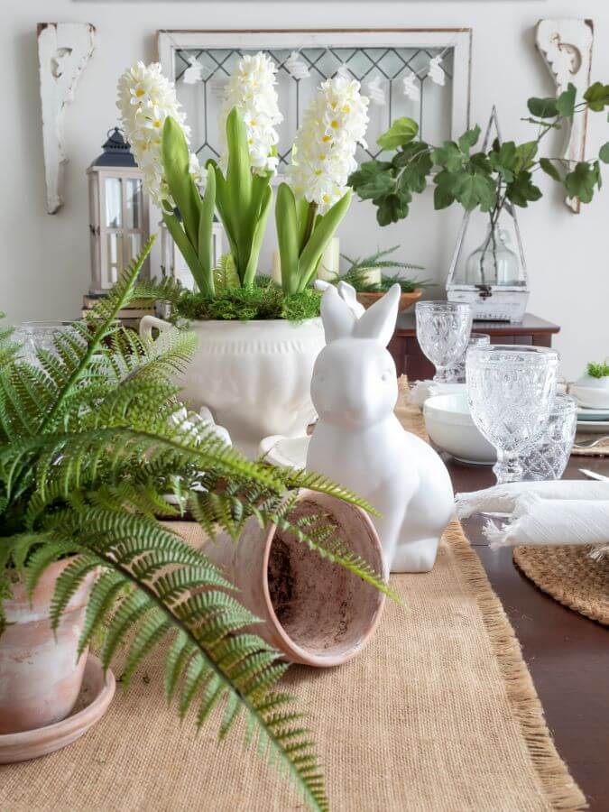 Easter table centerpiece with bunnies, terra cotta pots, and hyacinth - Midwest Life and Style Blog