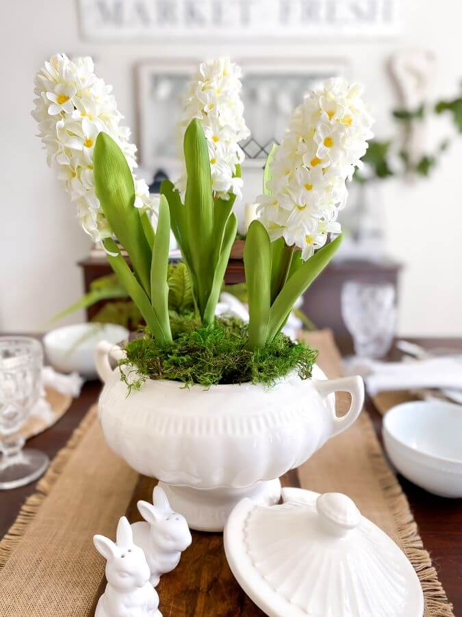 Spring Hyacinth with Moss in Vintage Soup Tureen - Midwest Life and Style Blog