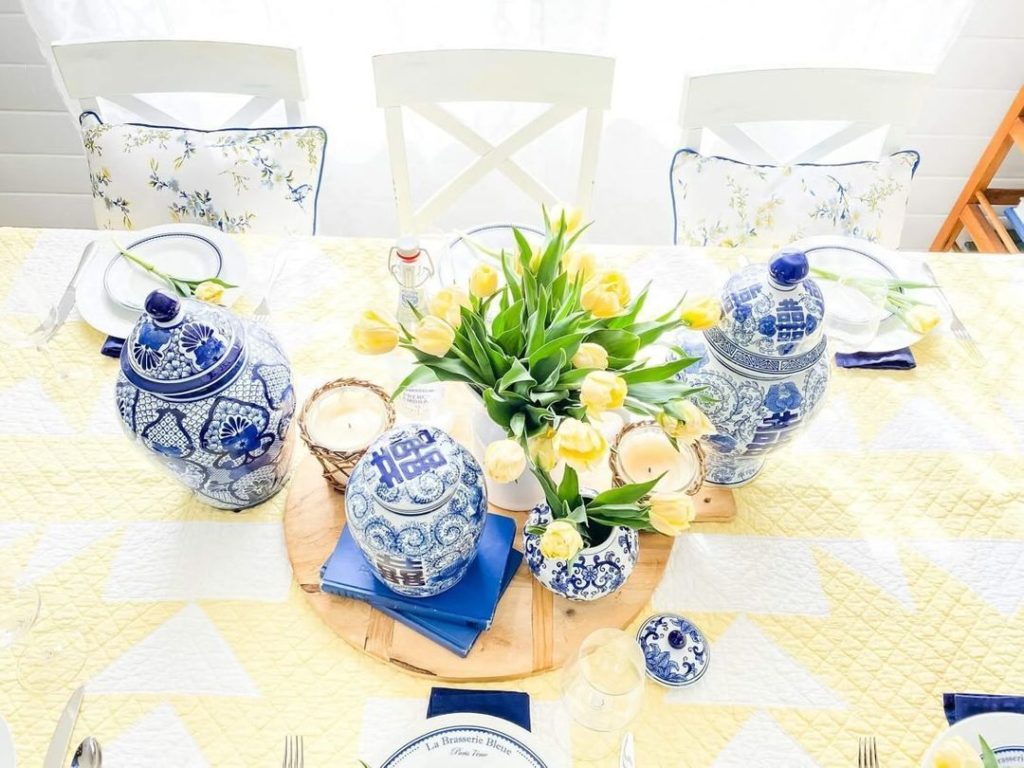 6 Simple Ways To Celebrate Mom on Mother's Day: Yellow and Blue Vintage Tablescape from The Tattered Pew - Midwest Life and Style Blog