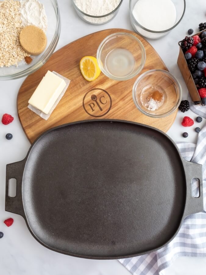 Pampered Chef Cast Iron Sizzle Skillet and Ingredients for Triple Berry Crisp - Midwest Life and Style Blog