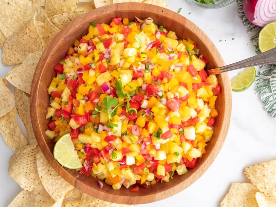 Bowl of Pineapple Jalapeño Salsa with Tortilla Chips