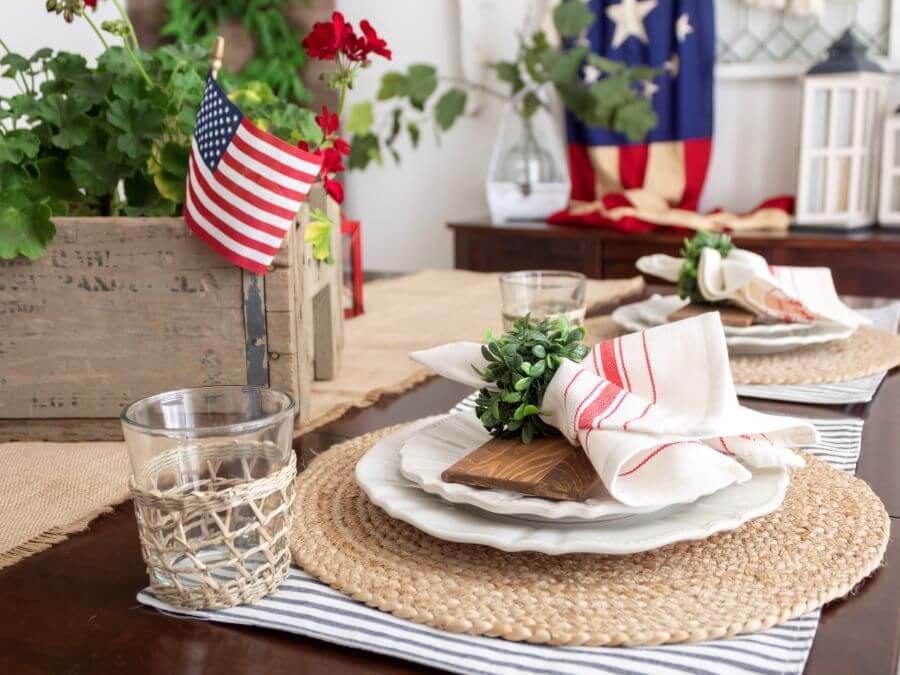 Patriotic Place Setting with Red and White Stiped Napkins, and Rattan Charger - Midwest Life and Style Blog