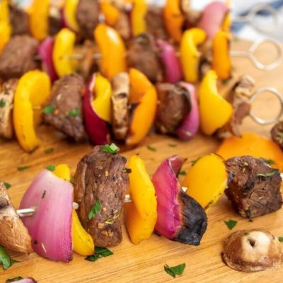 Colorful Steak And Vegetable Kabobs On The Grill