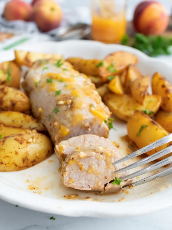 Grilled Peach Glazed Pork Loin with Seasoned Potatoes 