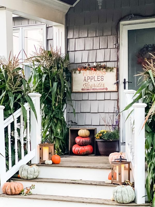 Pumpkins and Cornstalks on a Fall Porch - Midwest Life and Style Blog