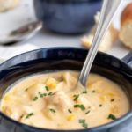 Up close view of a bowl of Creamy Chicken and Corn Chowder