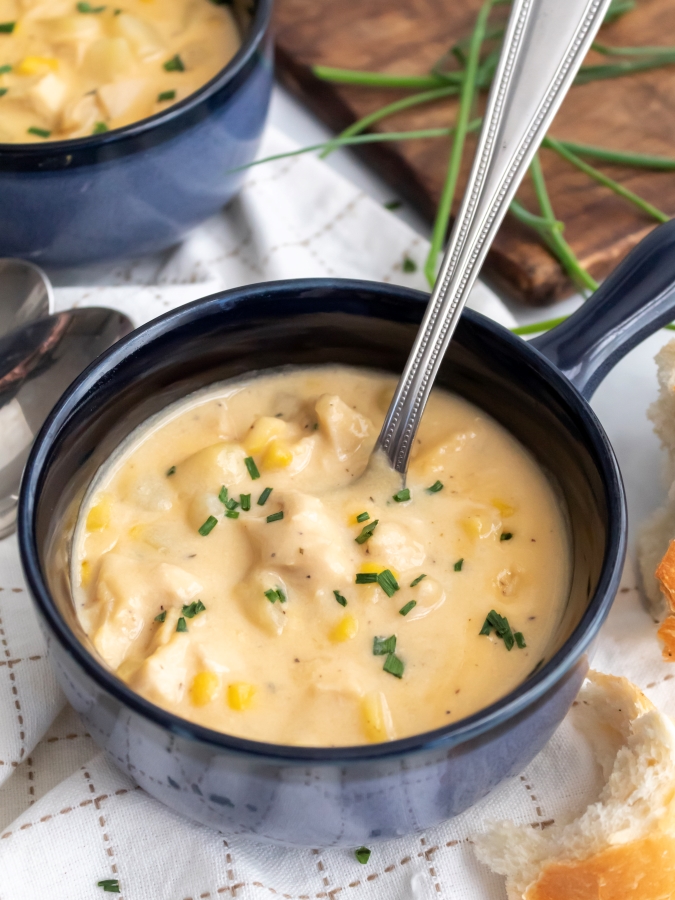 Overhead view of bowl of Creamy Chicken and Corn Chowder