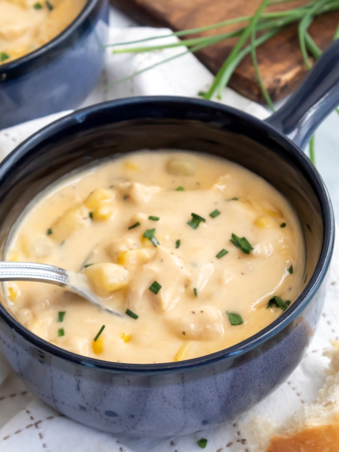 Overhead up close view of a bowl of Creamy Chicken and Corn Chowder 