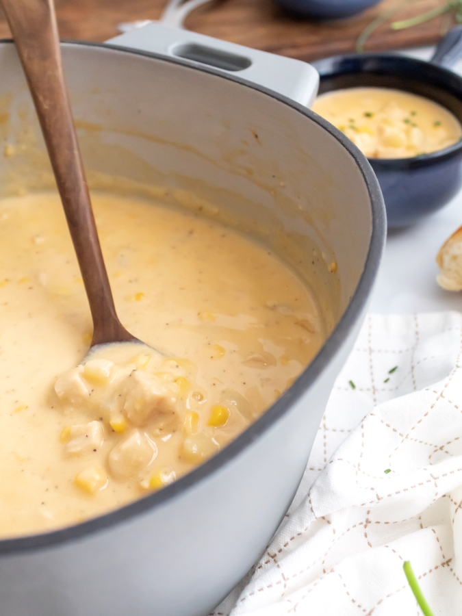 Creamy Chicken and Corn Chowder in Enamelware Stockpot 