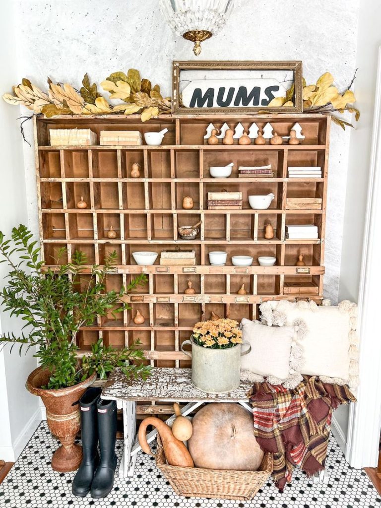 Fall entryway with Leaves and Plaid and Boots - Midwest Life and Style Blog