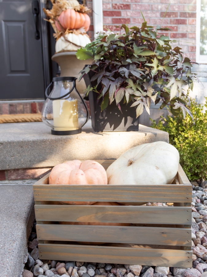 Vintage crate with pumpkins on fall porch - Midwest Life and Style Blog