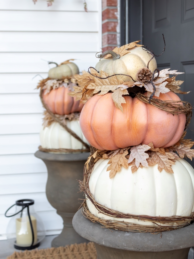 How To Make A Stacked Pumpkin Topiary with Faux Pumpkin and Grapevine Garland