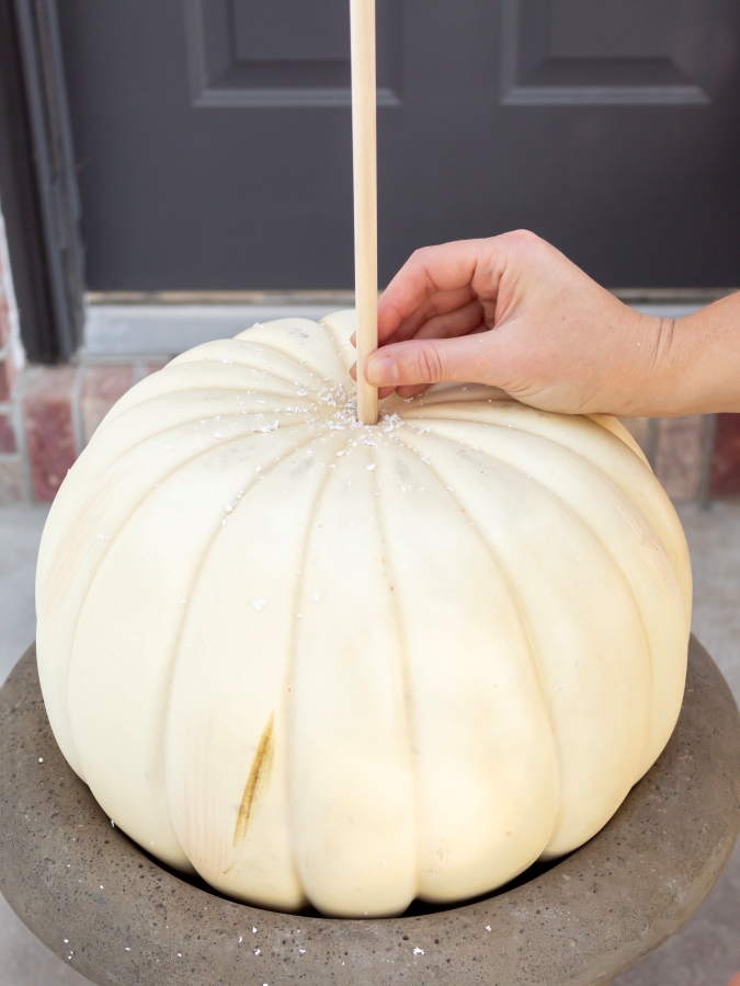 Putting a Wood Dowel in a Foam Pumpkin - How To Make A Stacked Pumpkin Topiary 