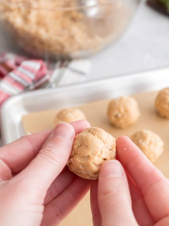 Rolling the peanut butter balls by hand for chocolate covered peanut butter balls