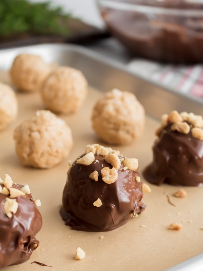 In the process of dipping the peanut butter balls in chocolate and topping with chopped peanuts