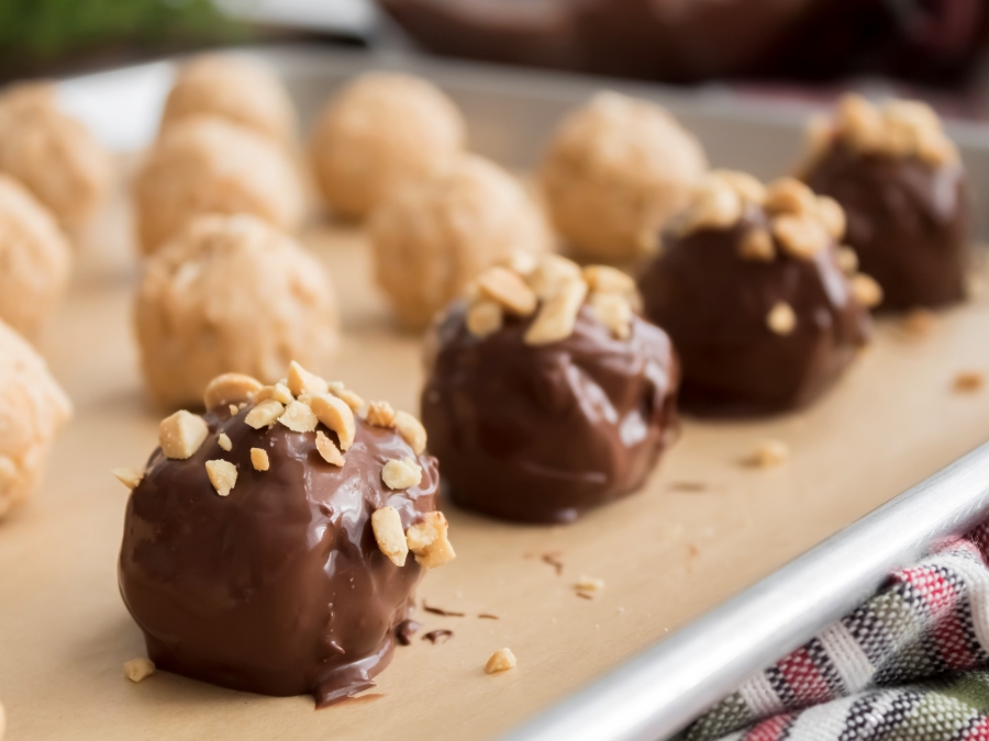 Chocolate Covered Peanut Butter Balls ona baking sheet