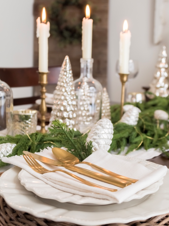 Simple and Festive Christmas Centerpiece Ideas - Vintage Brass Candlesticks with Greenery and Mercury Glass